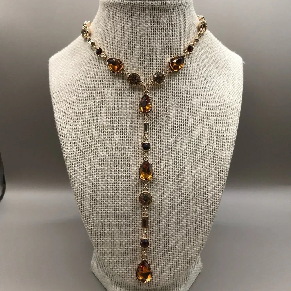The Limited Gold-Tone and Amber Colored Gems “Y” Necklace - Picture 2 of 10
